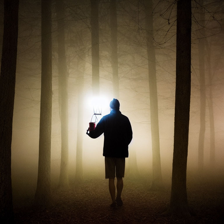 Person holding lantern in foggy forest with long shadows