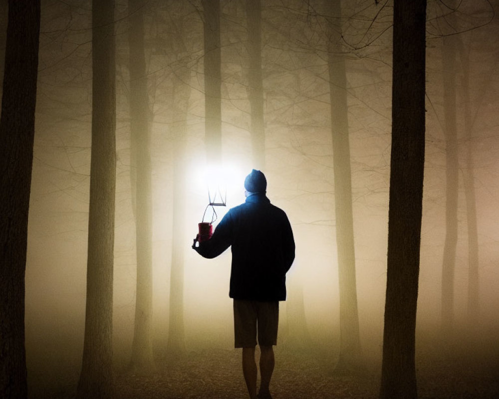 Person holding lantern in foggy forest with long shadows