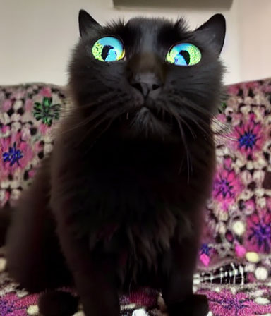 Black Cat with Colorful Eyes on Purple Patterned Blanket