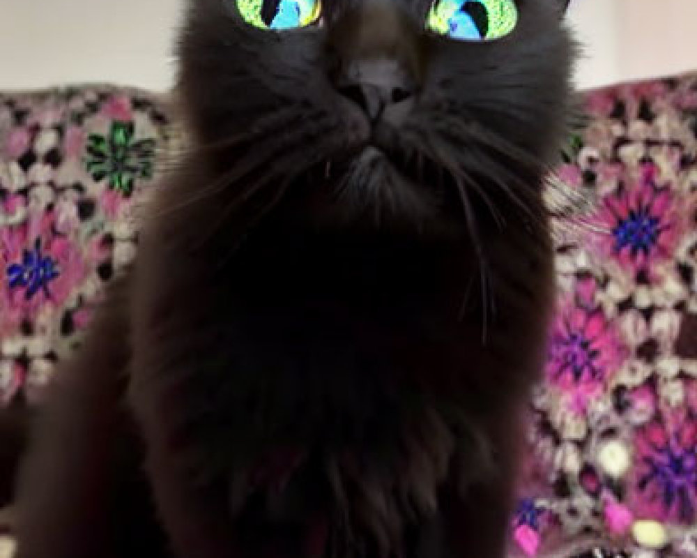 Black Cat with Colorful Eyes on Purple Patterned Blanket