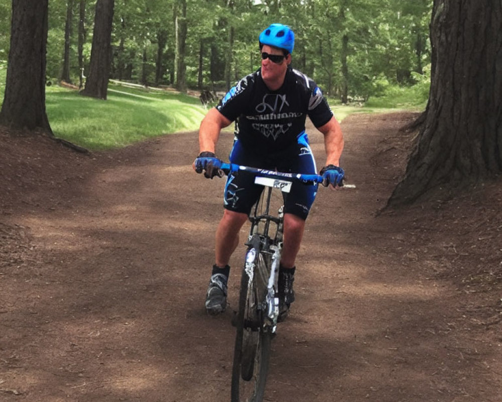 Cyclist in Blue Helmet Riding Mountain Bike in Forest