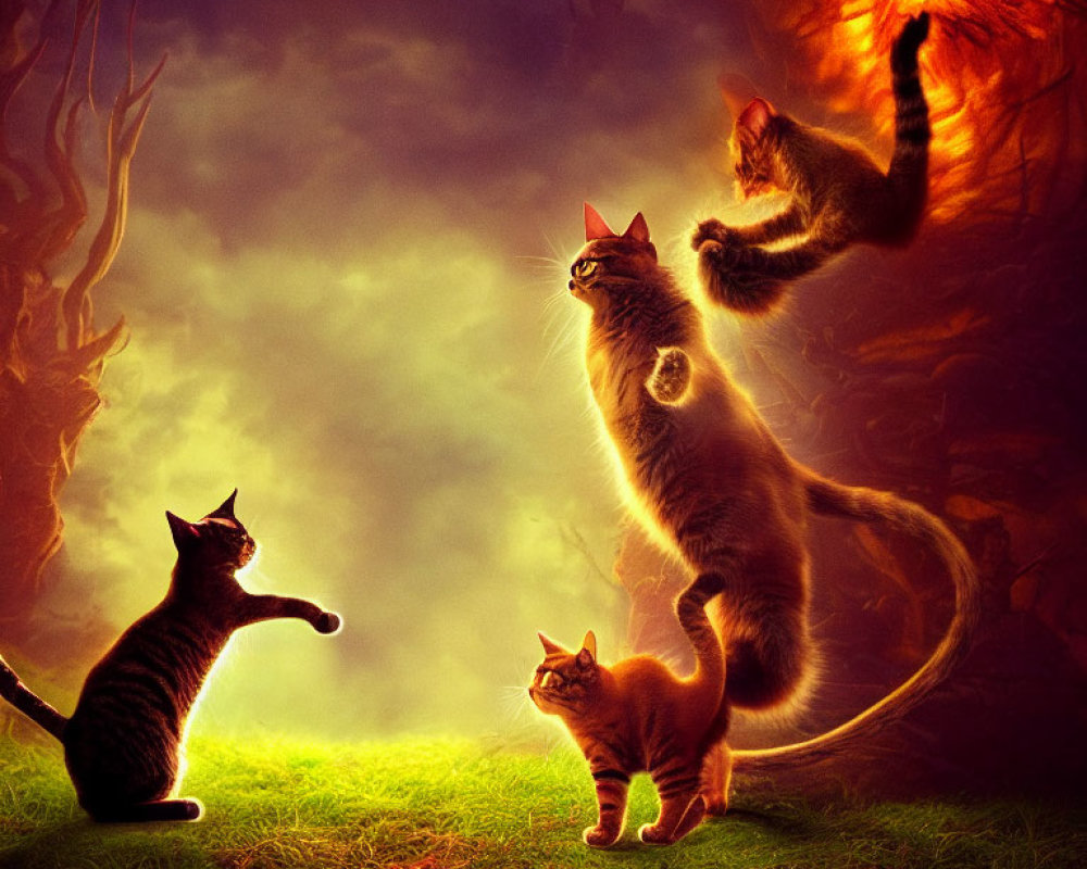 Four Cats in Fantastical Forest: One Glowing, Two Curious, One Leaping with