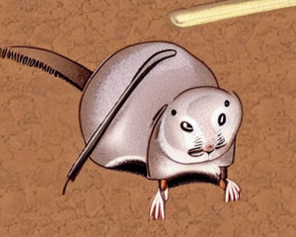 Mouse-shaped illustration with wire tail and scroll wheel.