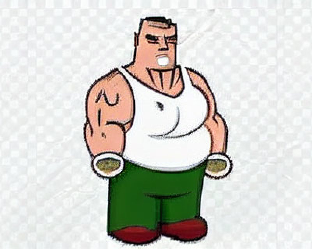 Muscular Cartoon Character in Green Pants and Red Shoes