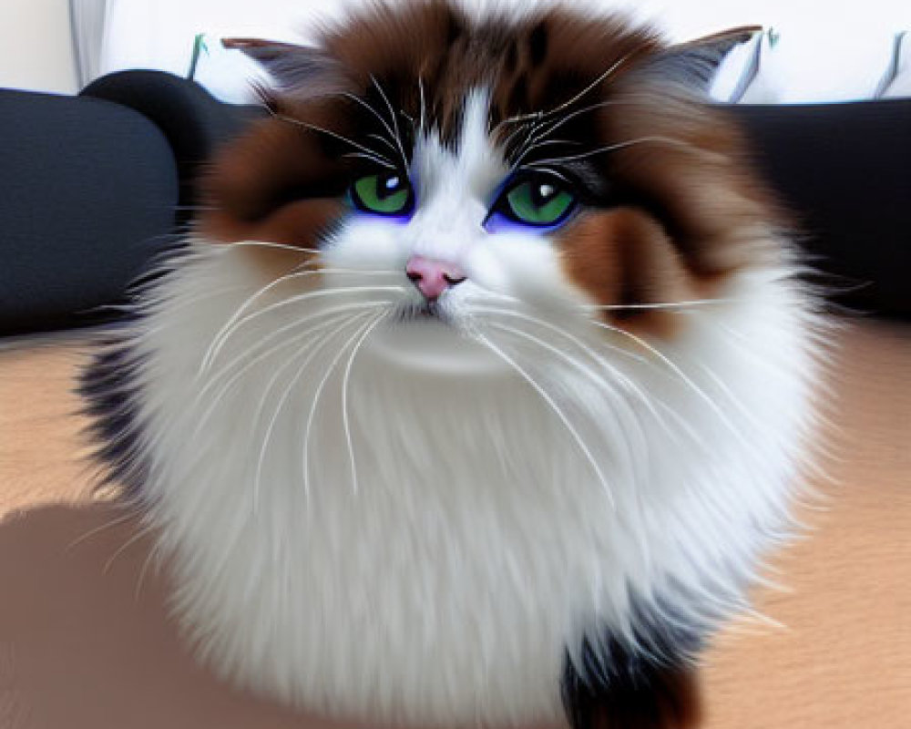 White-Brown Cat with Green Eyes Sitting Indoors