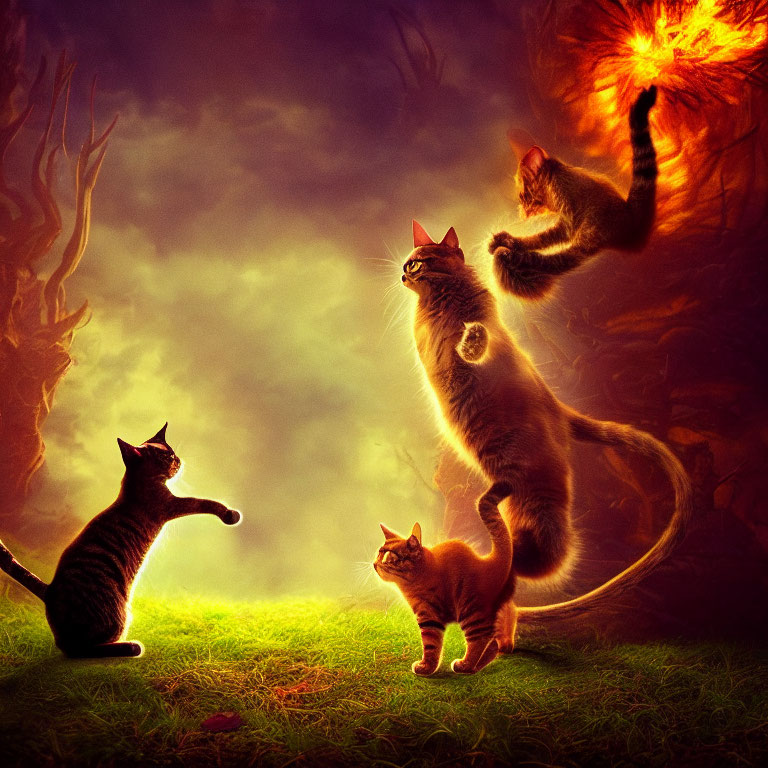 Four Cats in Fantastical Forest: One Glowing, Two Curious, One Leaping with