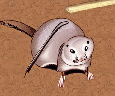 Mouse-shaped illustration with wire tail and scroll wheel.