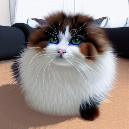 White-Brown Cat with Green Eyes Sitting Indoors