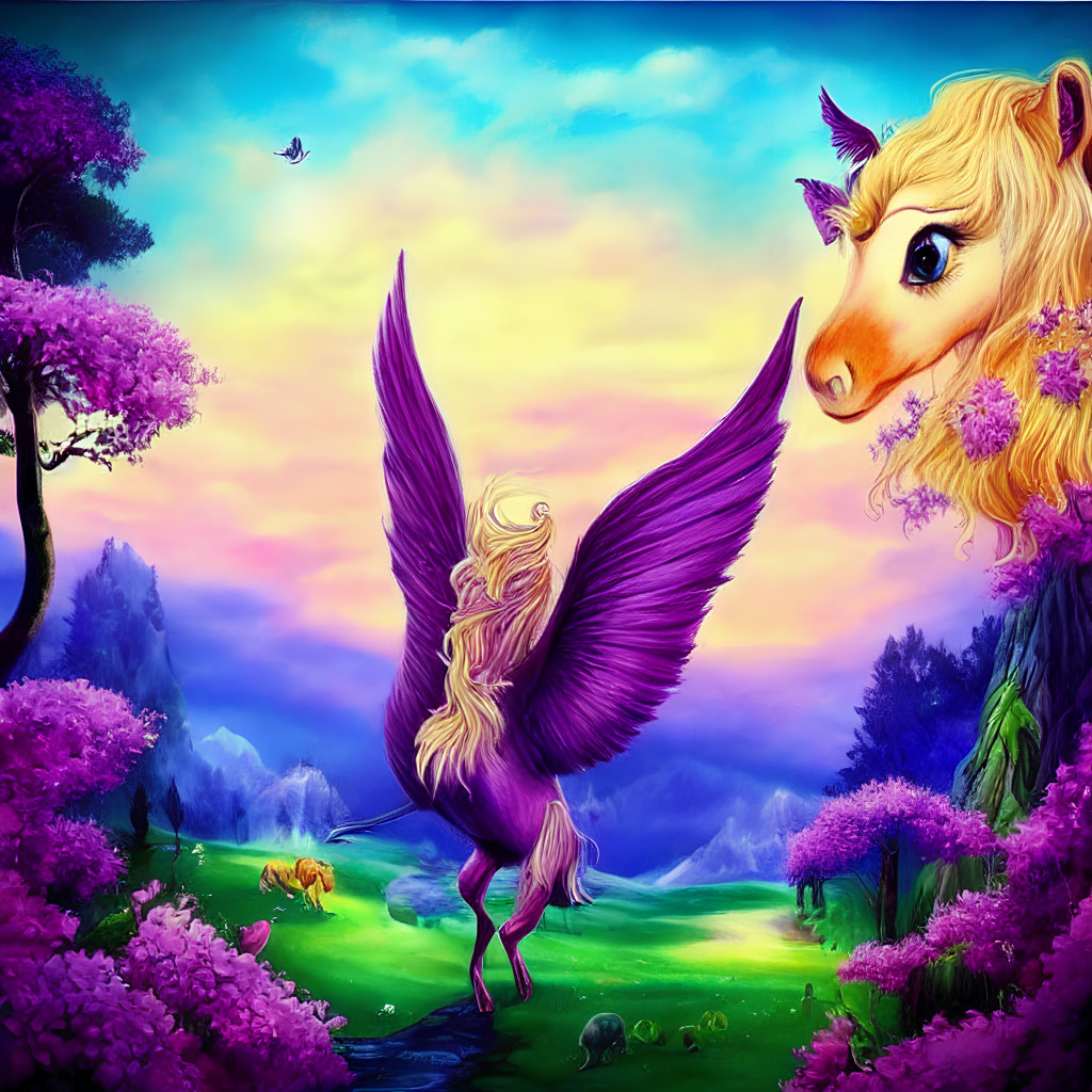 Colorful winged unicorn with golden mane in mystical landscape