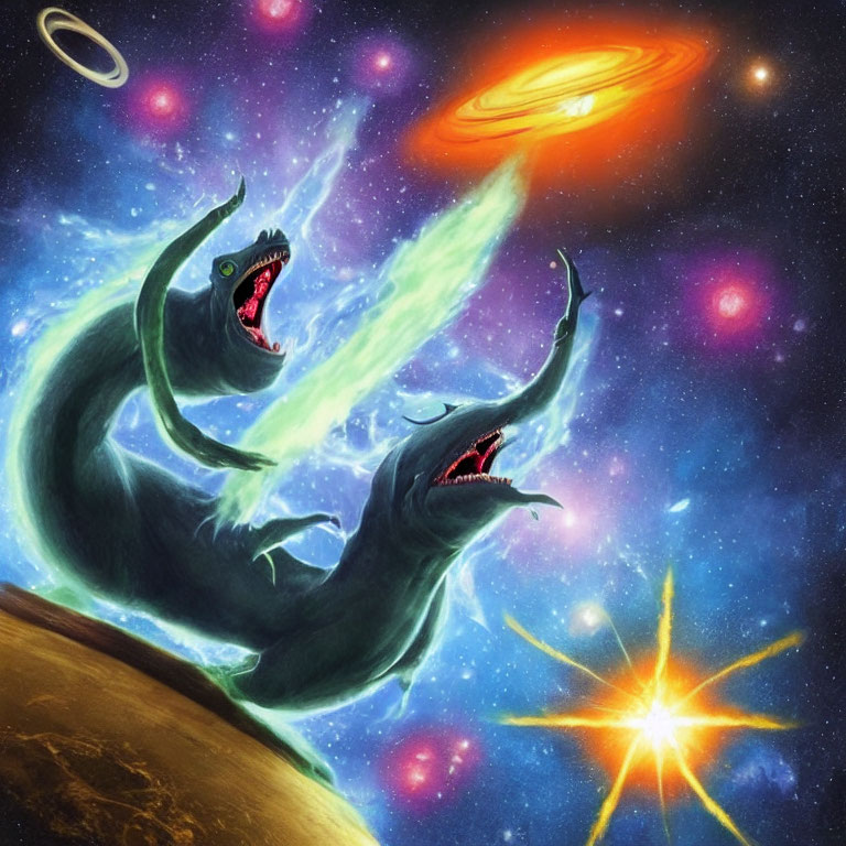 Two ferocious space creatures on planet with galaxy and stars.