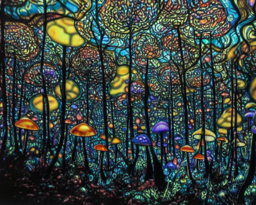 Psychedelic forest with luminescent mushrooms and intricate tree patterns