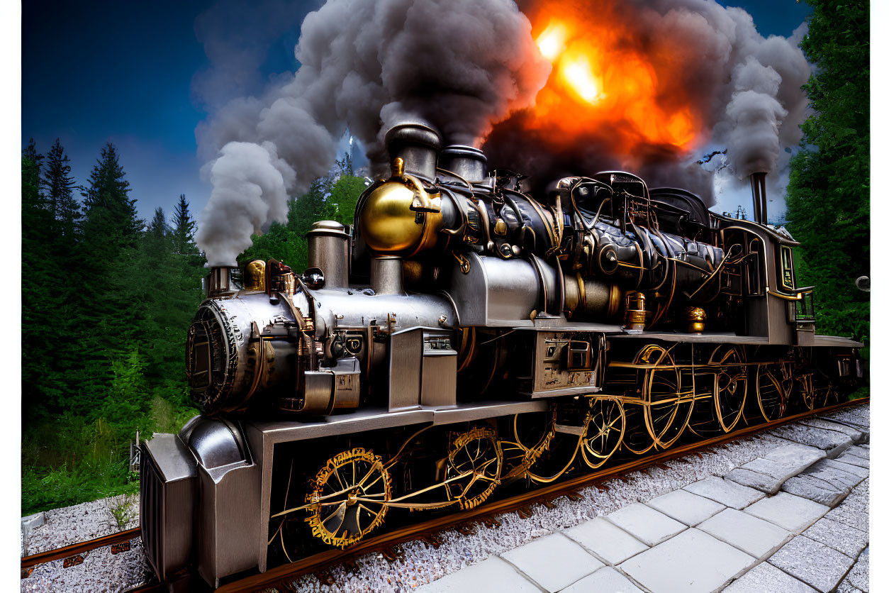 Antique steam locomotive with gold accents in forest setting