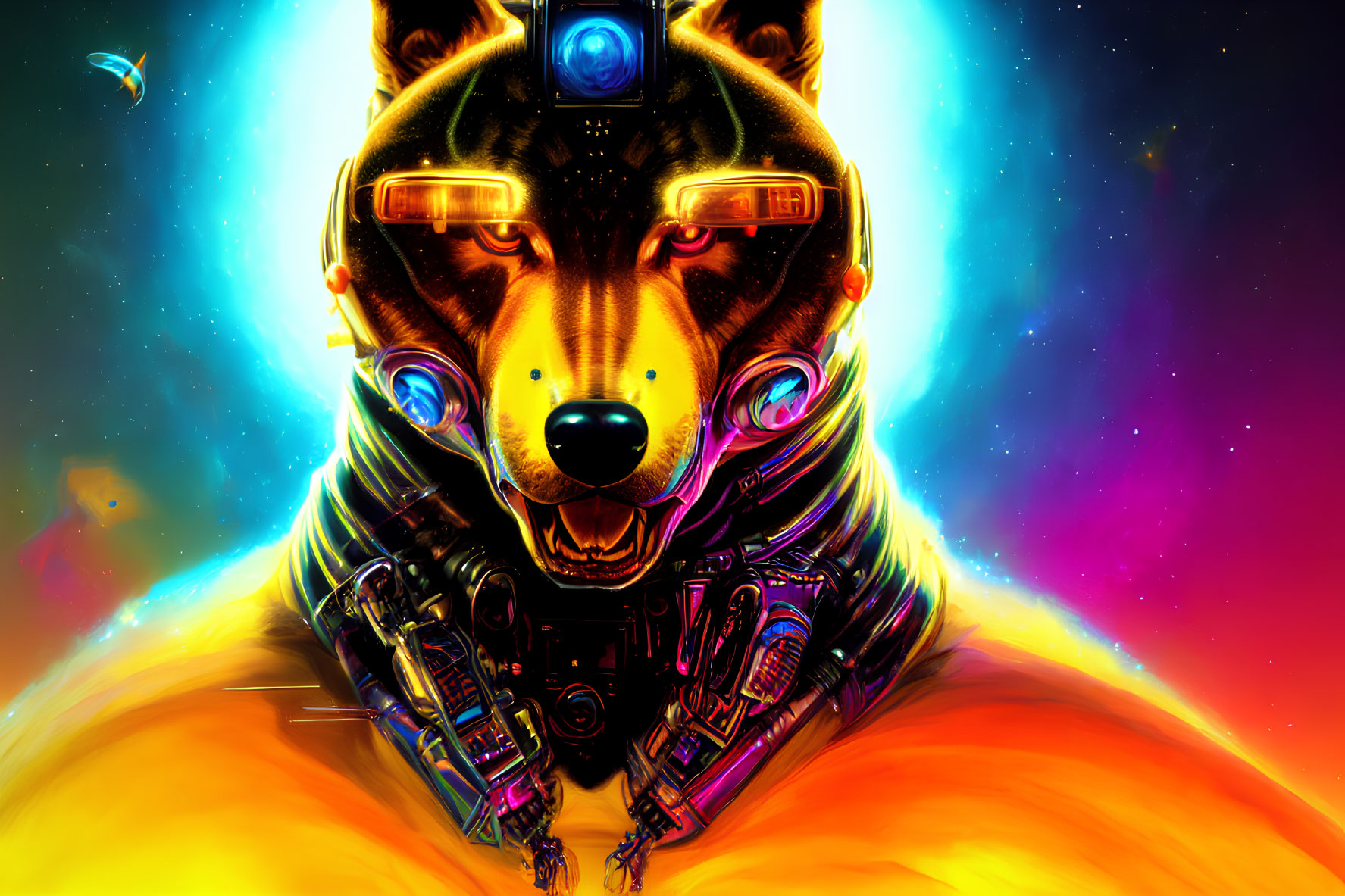 Vivid cyborg dog digital art with cosmic background