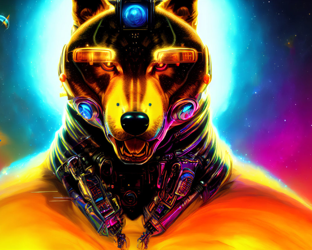 Vivid cyborg dog digital art with cosmic background