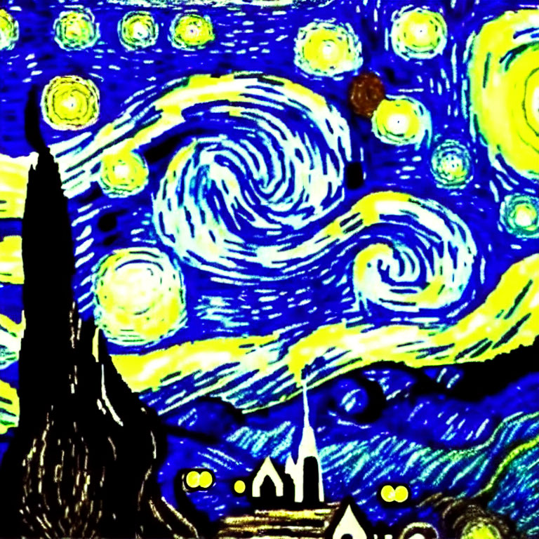 Night sky with swirling clouds, stars, crescent moon, and cypress tree over village