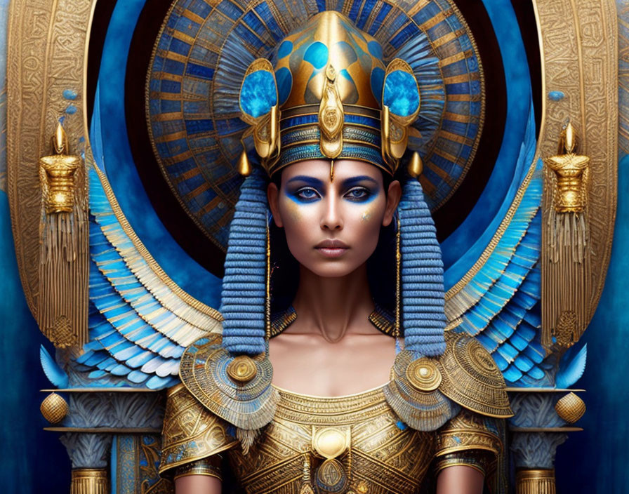 Elaborate Ancient Egyptian Woman in Gold and Blue Costume