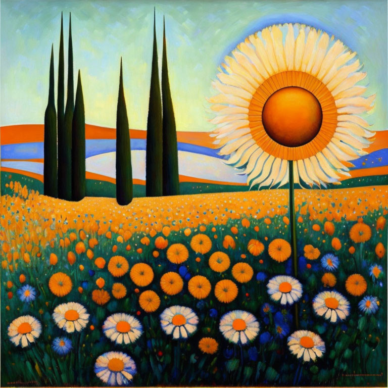 Colorful landscape painting with dominant sunflower and cypress trees under sunset sky