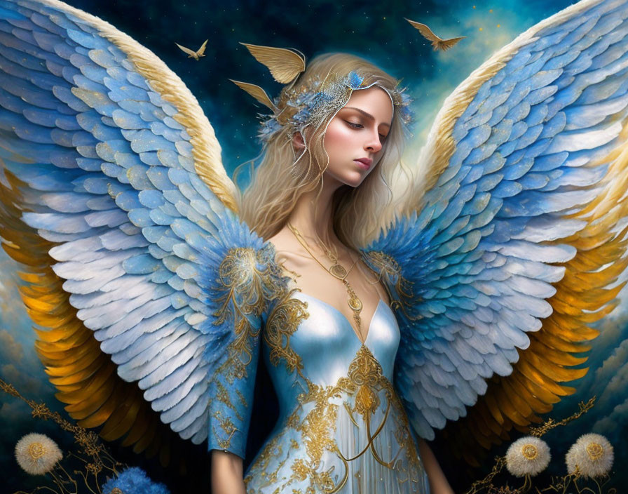 Detailed Fantasy Portrait of Angelic Figure with Blue and White Wings