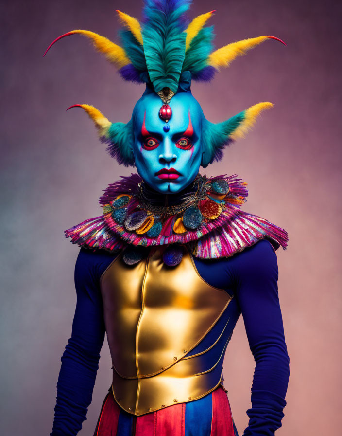 Vibrant theatrical makeup with blue skin and golden armor on gradient background