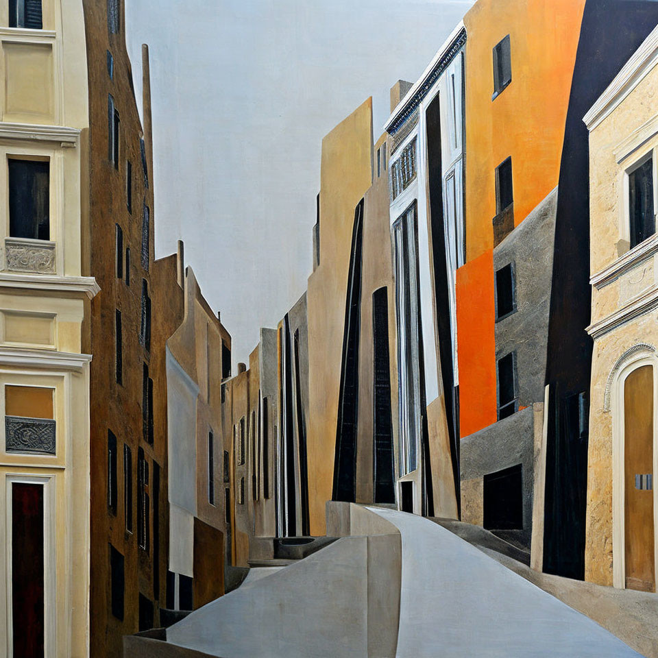 Cityscape painting: Steep urban street with slender buildings in warm tones