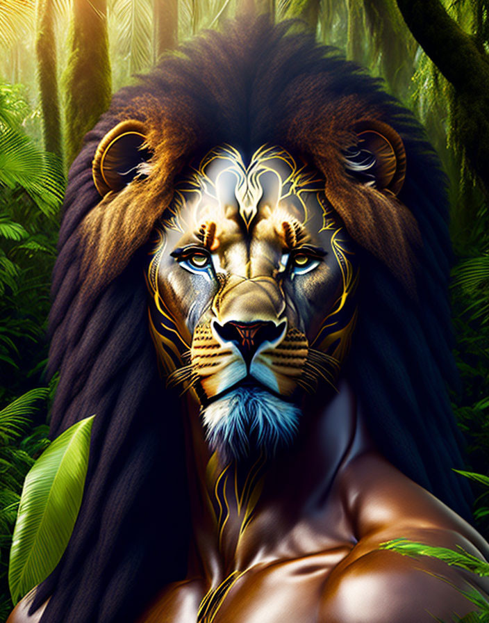 Digital artwork: Lion-headed human body in jungle backdrop