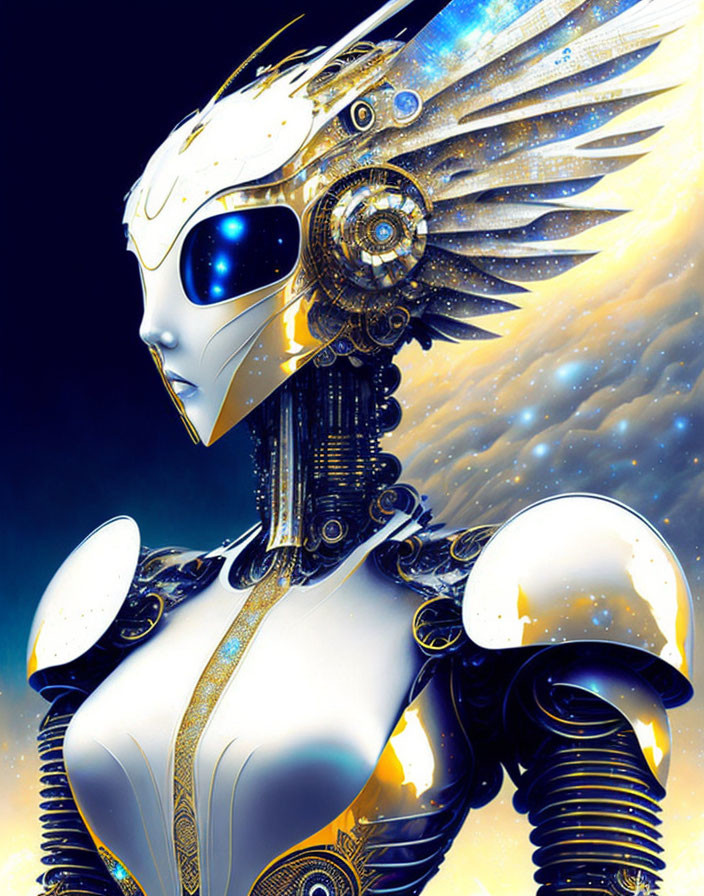 Detailed Futuristic Robot in Golden Armor on Starry Space Background