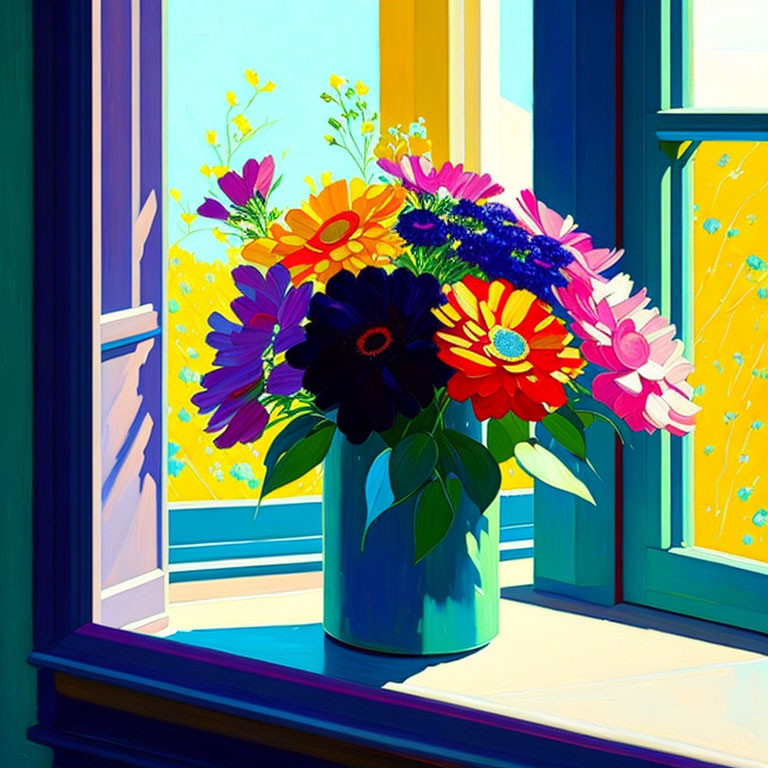 Colorful bouquet of flowers in blue vase by window with sunlight and shadows