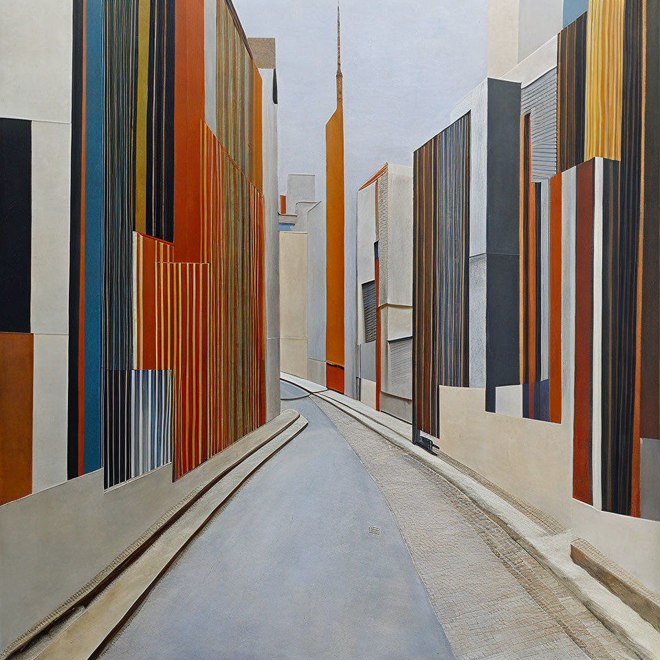 Geometric urban alley painting in beige, orange, and blue hues with distant spire.