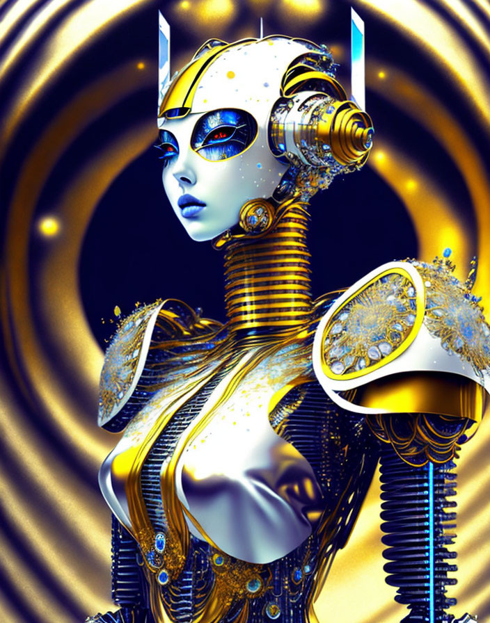 Female Futuristic Robot with Blue Eyes and Golden Mechanical Parts on Swirling Background