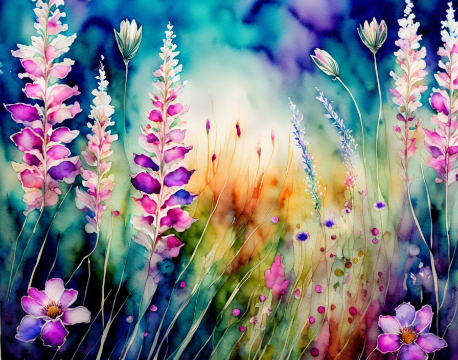 Vibrant watercolor painting of a flower-filled field at sunrise.