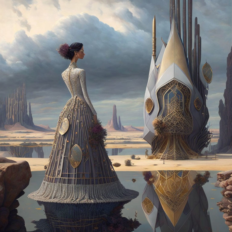 Woman in intricate gown in surreal futuristic landscape.