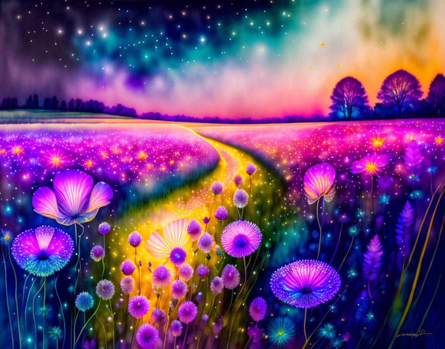 Fantasy landscape digital artwork with starry sky and glowing flowers