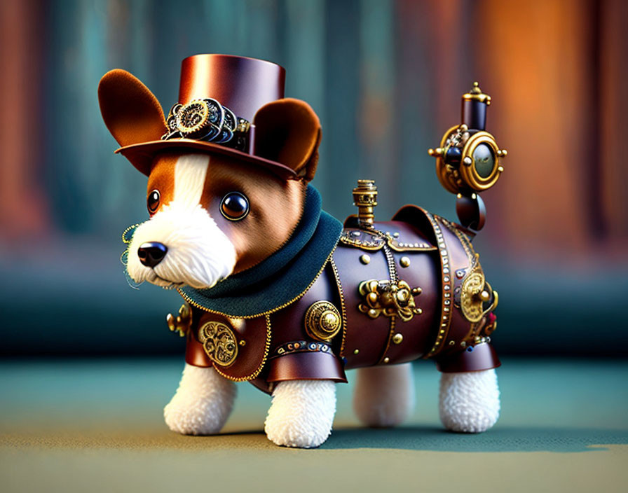 Steampunk-styled dog with mechanical parts and top hat