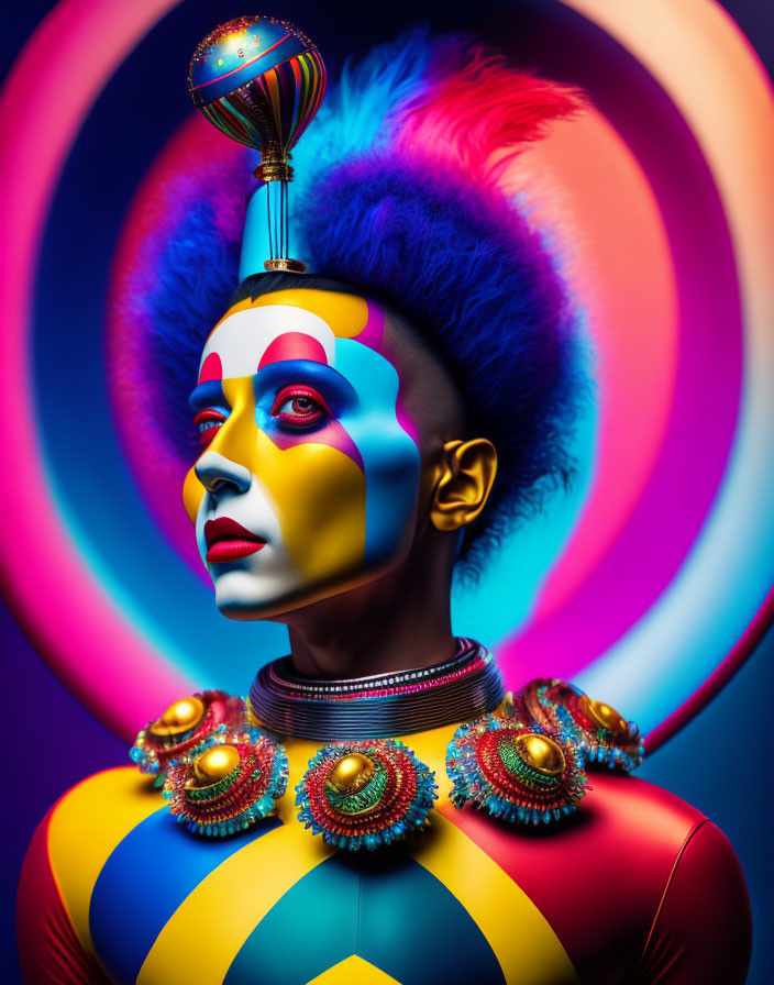 Colorful portrait of a person in intricate face paint and ornate costume against swirling backdrop