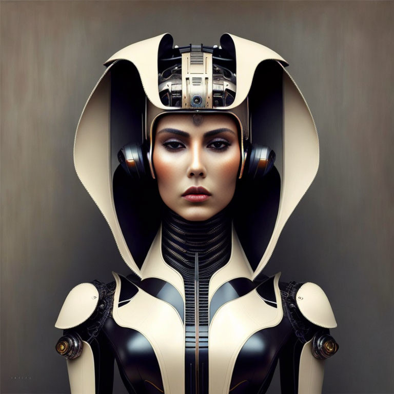 Futuristic woman in white and black armor with elaborate helmet