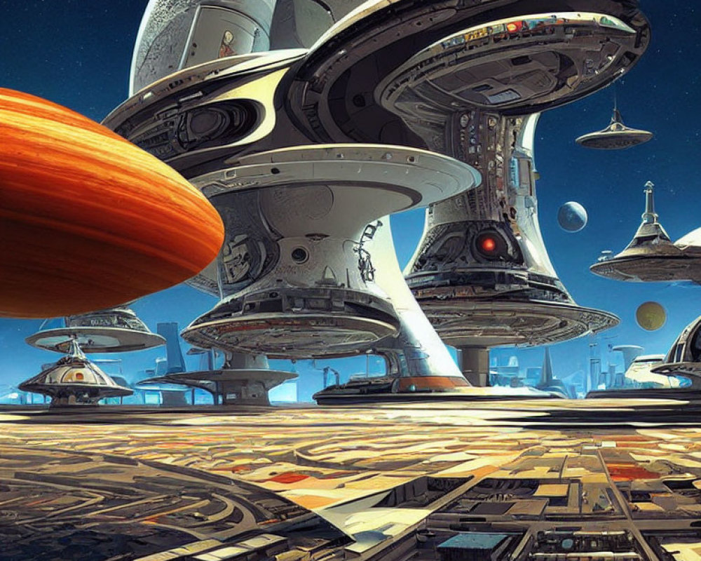 Futuristic cityscape with towering structures and spacecraft against an orange planet in the sky