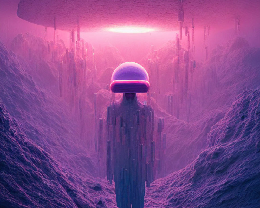 Futuristic figure gazes at alien cityscape under purple sky