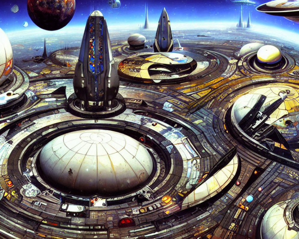 Futuristic spaceport with spacecraft, platforms, and celestial bodies in cosmic sky