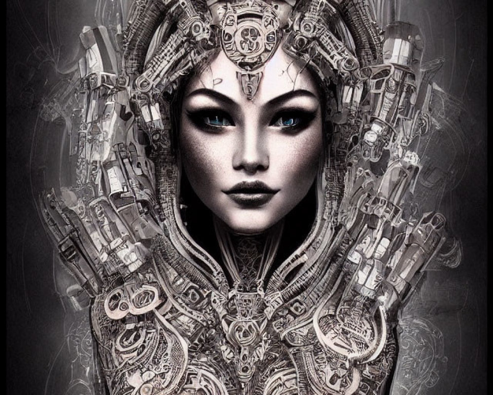 Monochromatic image of woman with intricate mechanical headgear and adornments