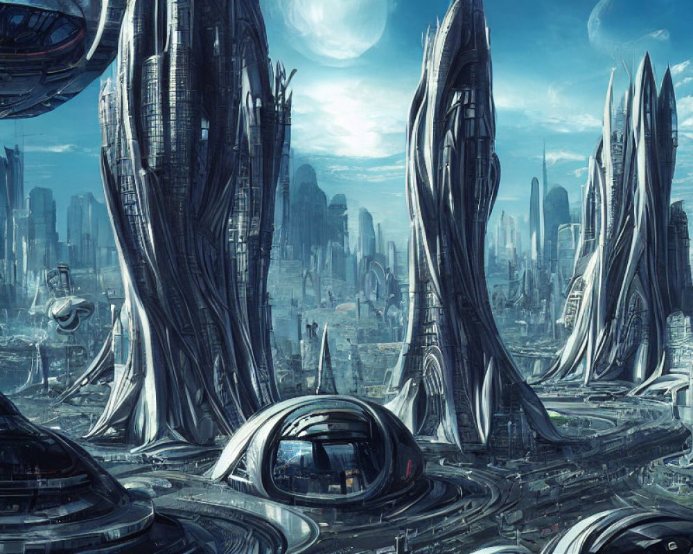 Futuristic cityscape with skyscrapers, flying vehicles, and celestial bodies