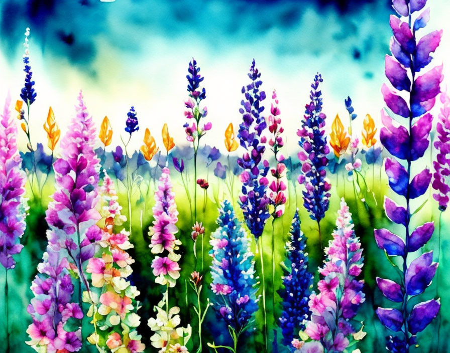 Colorful Lupine Flowers Watercolor Painting with Blurred Background