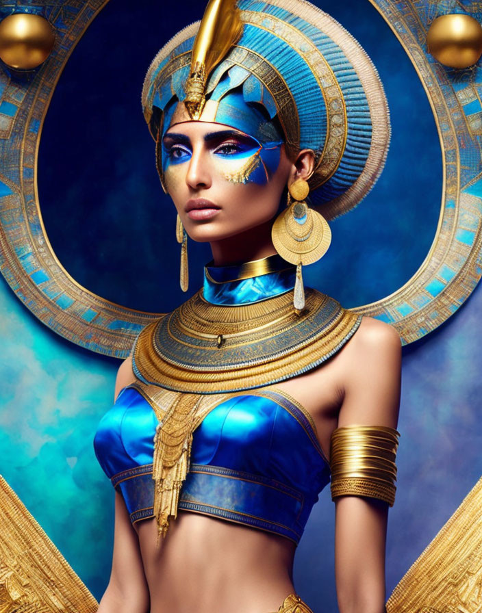 Ancient Egyptian-inspired woman in ornate costume on blue and gold background