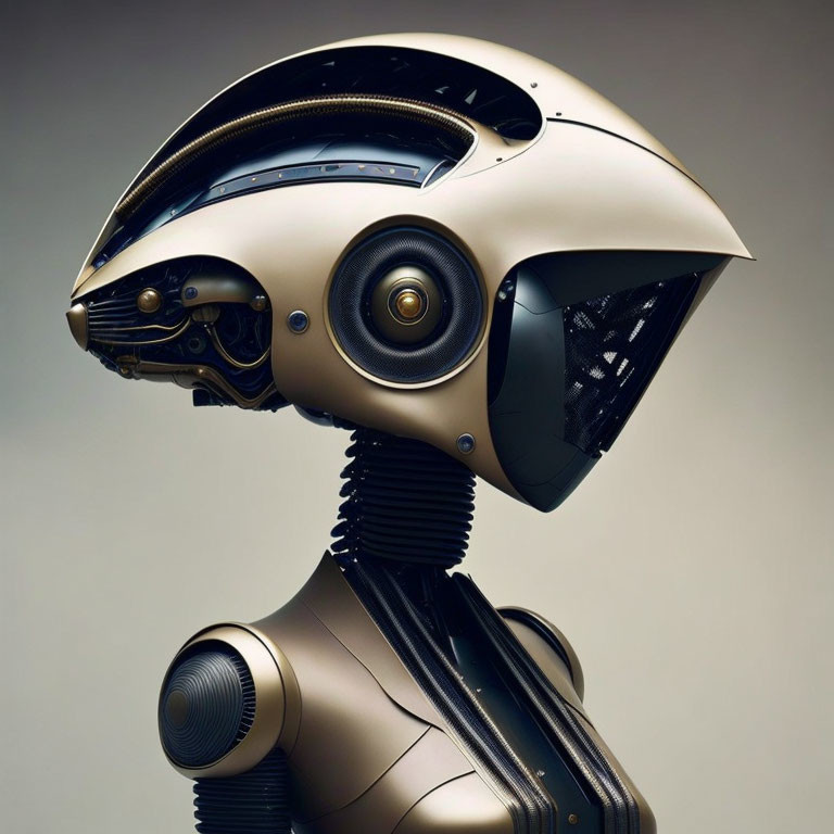 Golden and Black Futuristic Robot Head with Speaker-Like Eye