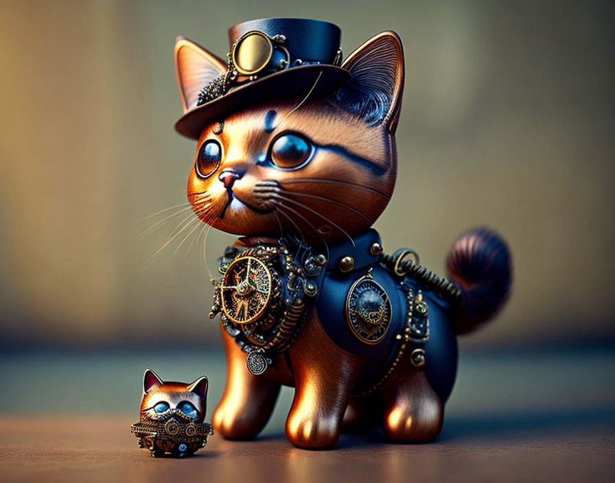 Steampunk-style cat with top hat and goggles next to tiny kitten.