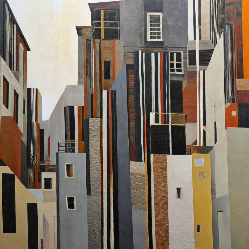 Geometric Urban Architecture Painting in Browns, Grays, and Creams