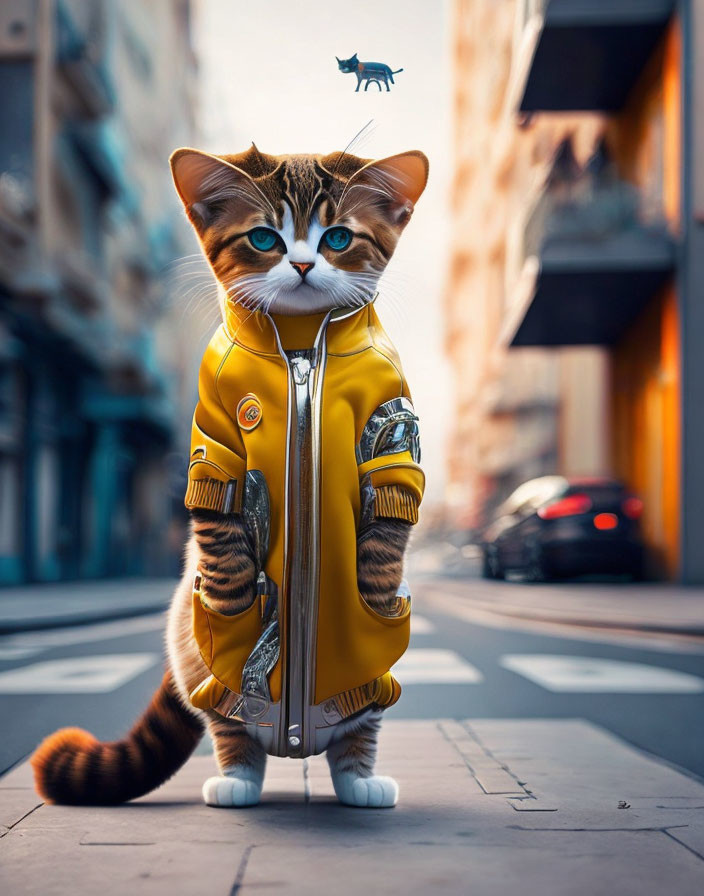 Stylized image: Cat in yellow jacket on city street with tiny cat on tightrope