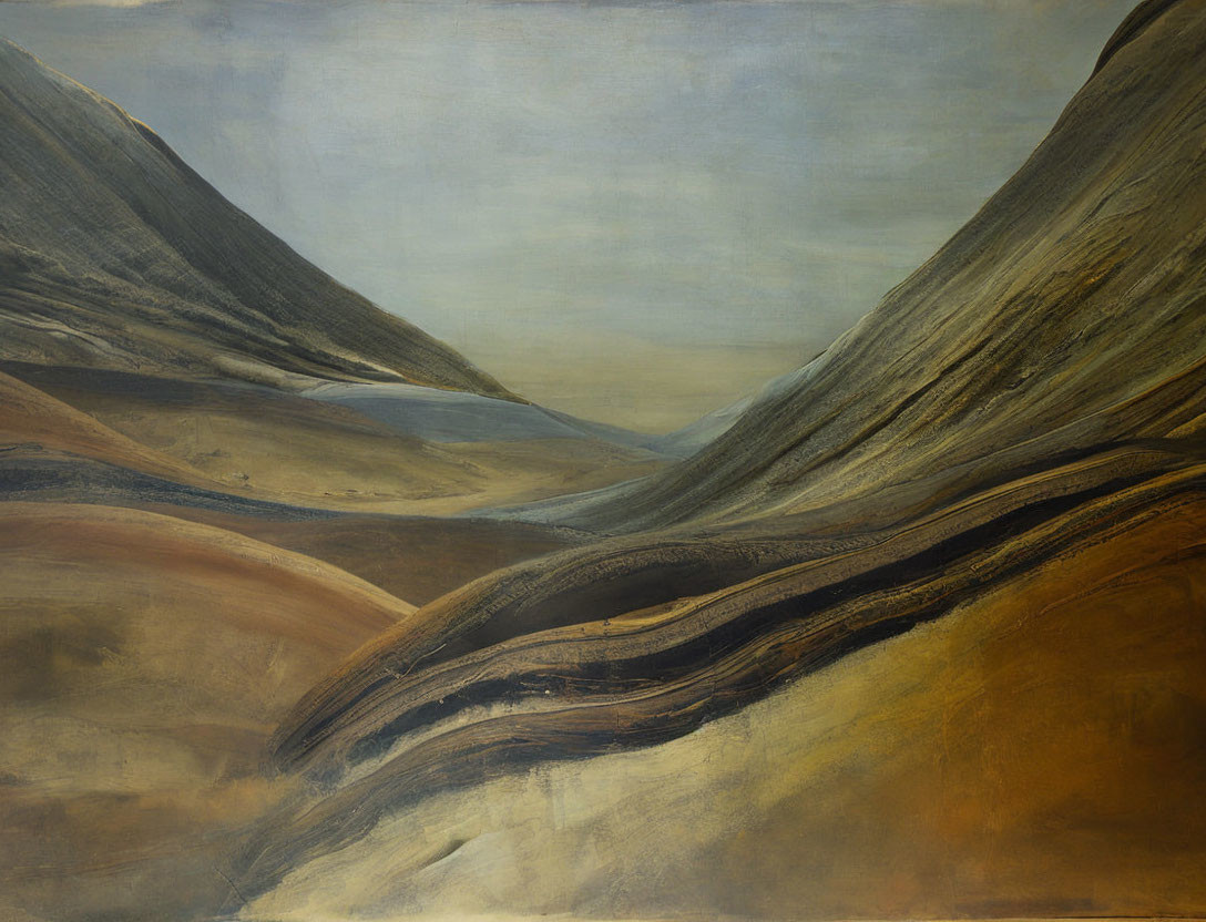 Tranquil landscape painting of rolling hills under a muted sky