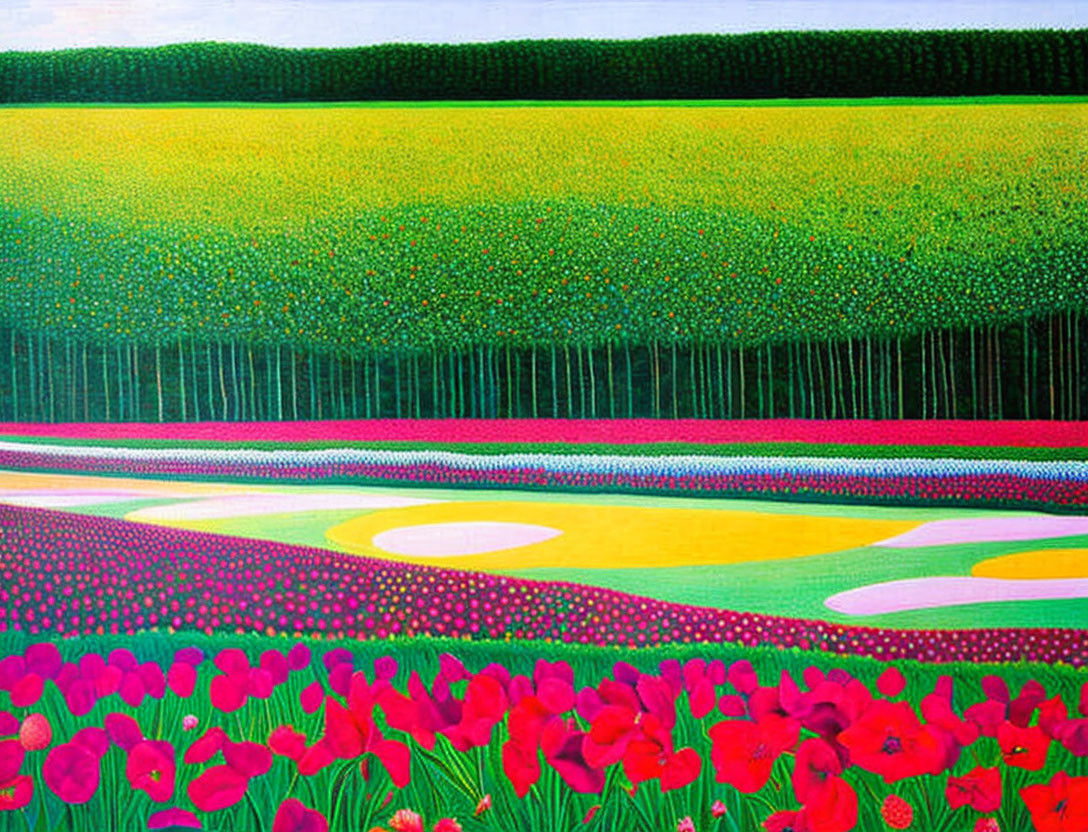 Vibrant painting of stylized flower fields and landscapes