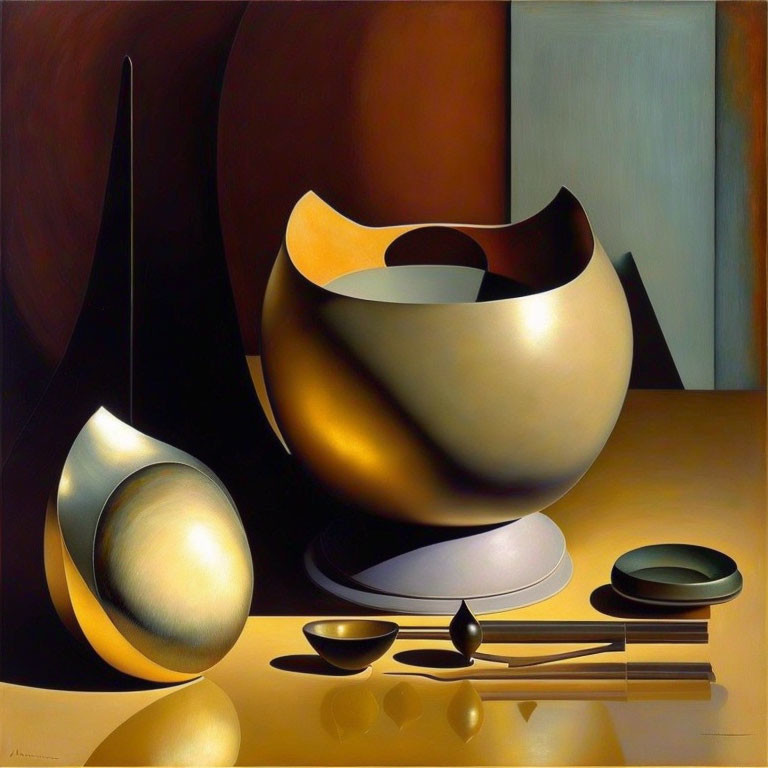 Metallic Objects Still Life Painting with Spheres, Bowl, and Cylinders on Reflective Surface