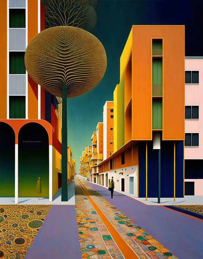 Colorful Buildings, Lone Figure, Tree, and Patterned Paths in Surreal Urban Landscape